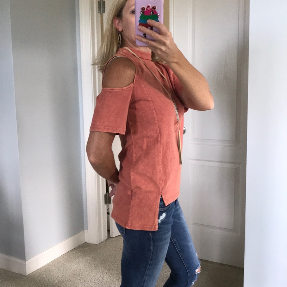 Coral Color Cold Shoulder Top - Picture 3 of 8